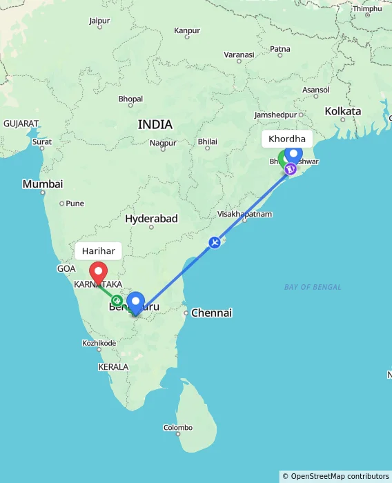 Route map showing distance and travel time from Khordha, India to Harihar, India