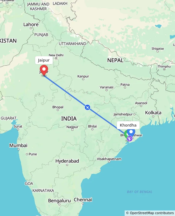 Route map showing distance and travel time from Khordha, India to Jaipur, India