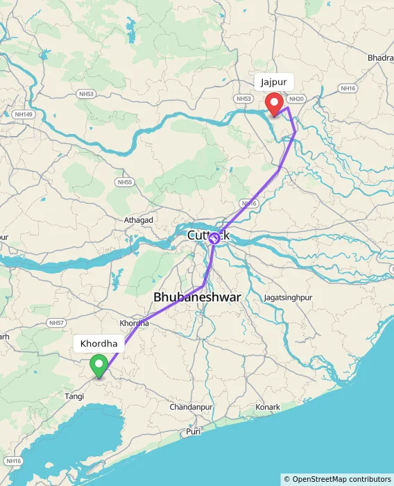 Route map showing distance and travel time from Khordha, India to Jajpur, India