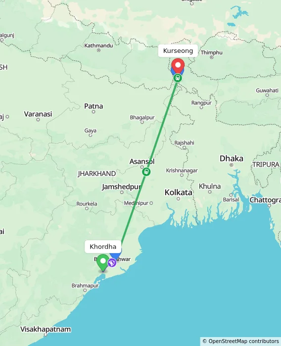 Route map showing distance and travel time from Khordha, India to Kurseong, India