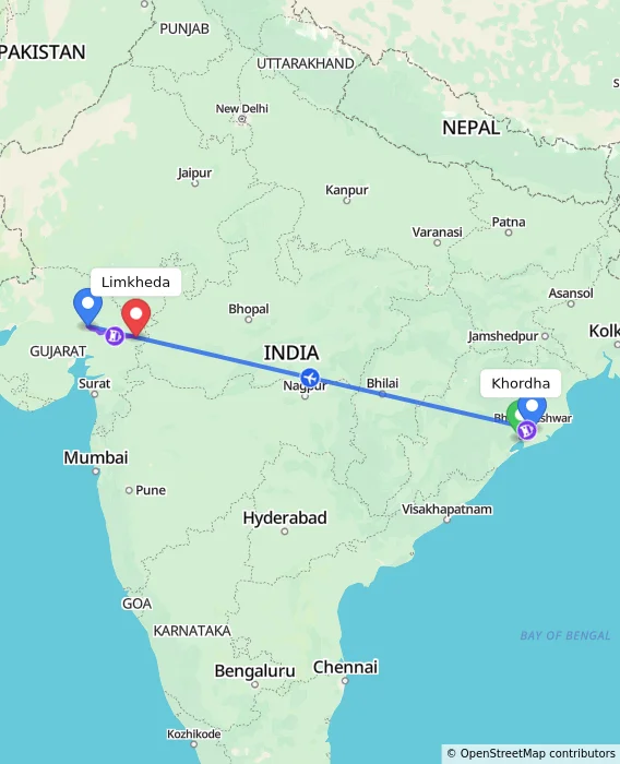 Route map showing distance and travel time from Khordha, India to Limkheda, India