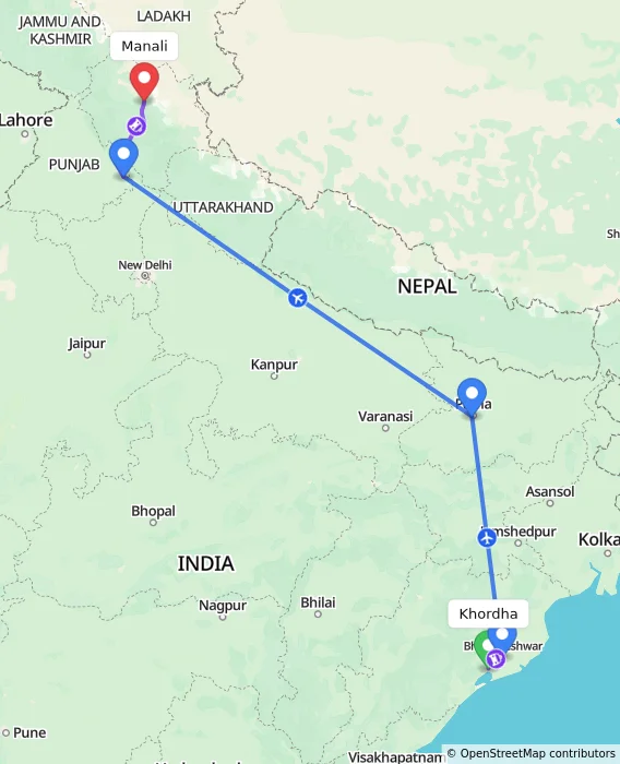 Route map showing distance and travel time from Khordha, India to Manali, India