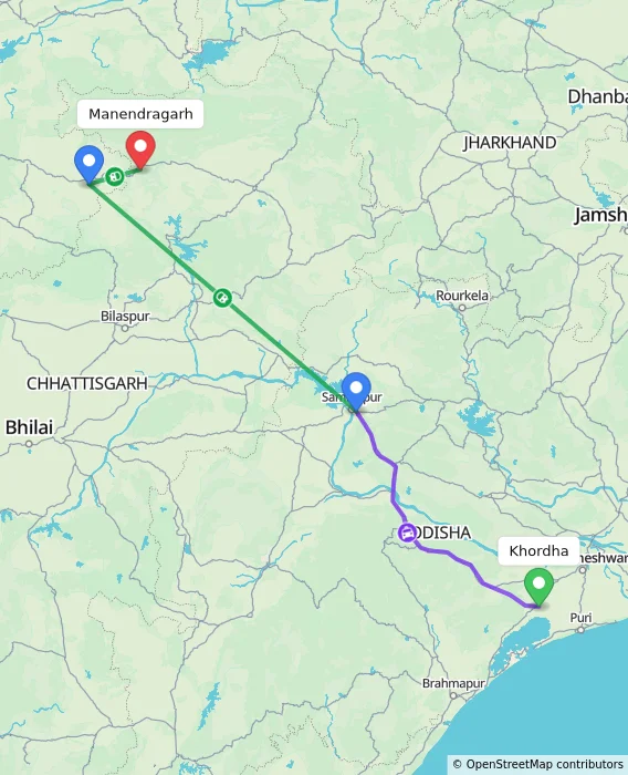 Route map showing distance and travel time from Khordha, India to Manendragarh, India