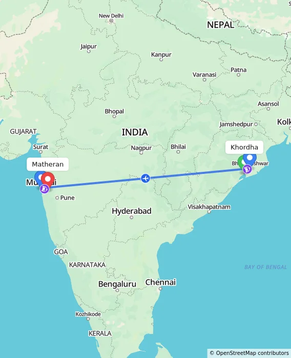 Route map showing distance and travel time from Khordha, India to Matheran, India