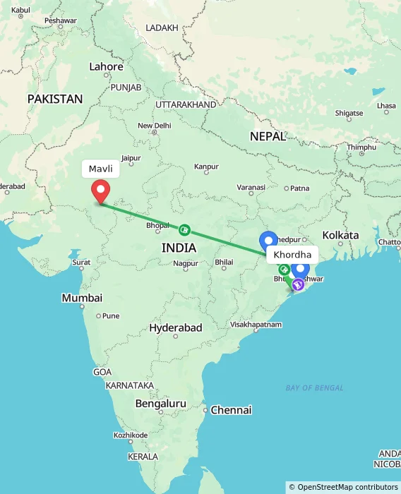 Route map showing distance and travel time from Khordha, India to Mavli, India