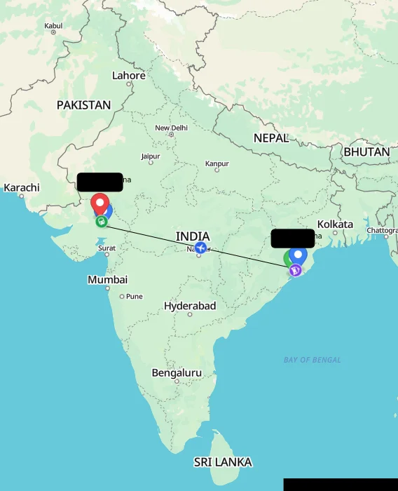 Route map showing distance and travel time from Khordha, India to Mehsana, India