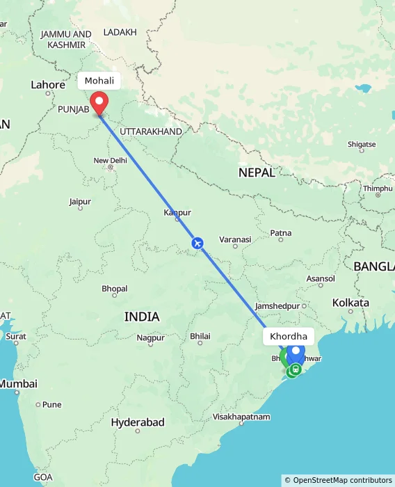 Route map showing distance and travel time from Khordha, India to Mohali, India