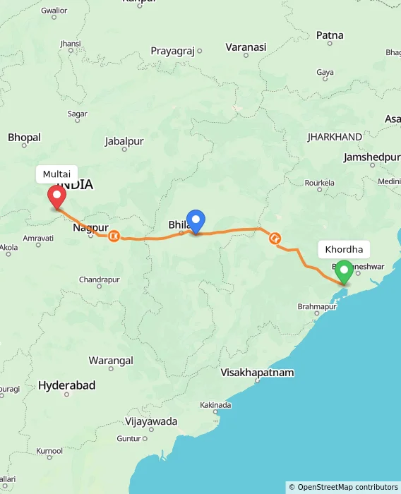 Route map showing distance and travel time from Khordha, India to Multai, India