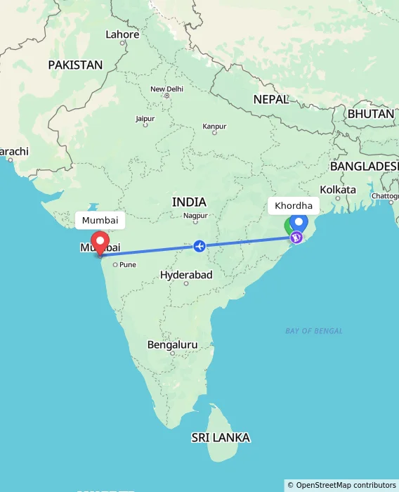 Route map showing distance and travel time from Khordha, India to Mumbai, India