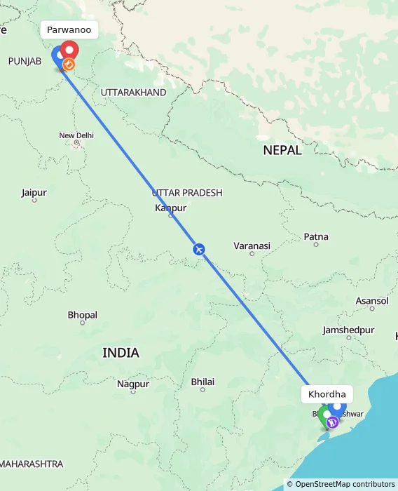 Route map showing distance and travel time from Khordha, India to Parwanoo, India