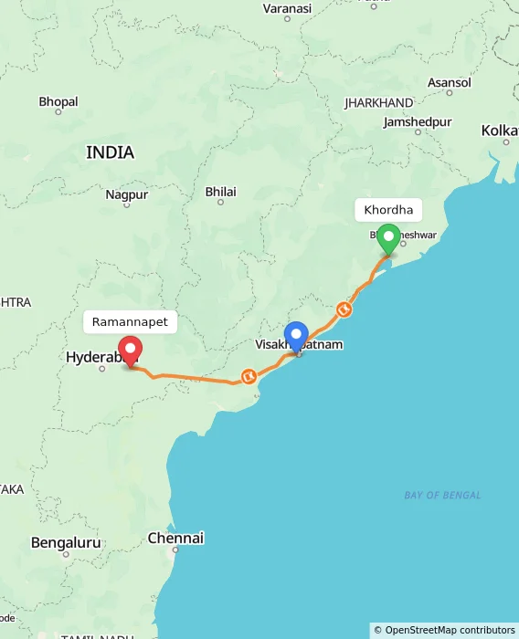 Route map showing distance and travel time from Khordha, India to Ramannapet, India