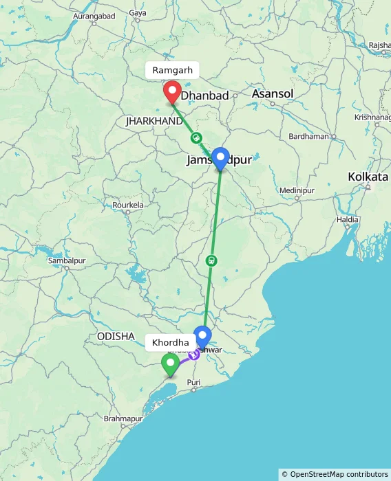 Route map showing distance and travel time from Khordha, India to Ramgarh, India