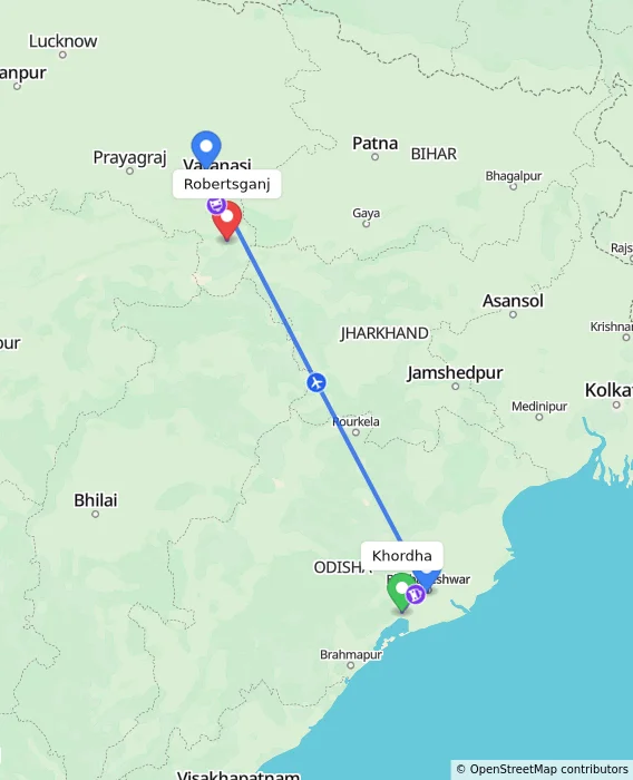 Route map showing distance and travel time from Khordha, India to Robertsganj, India