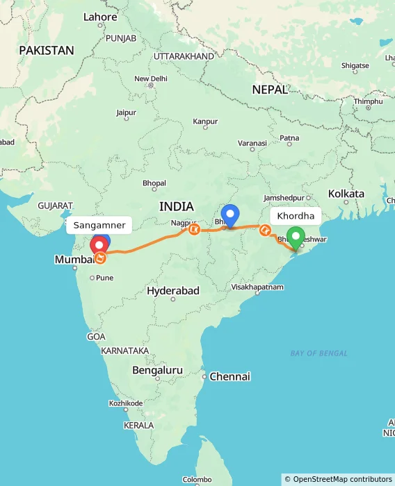 Route map showing distance and travel time from Khordha, India to Sangamner, India