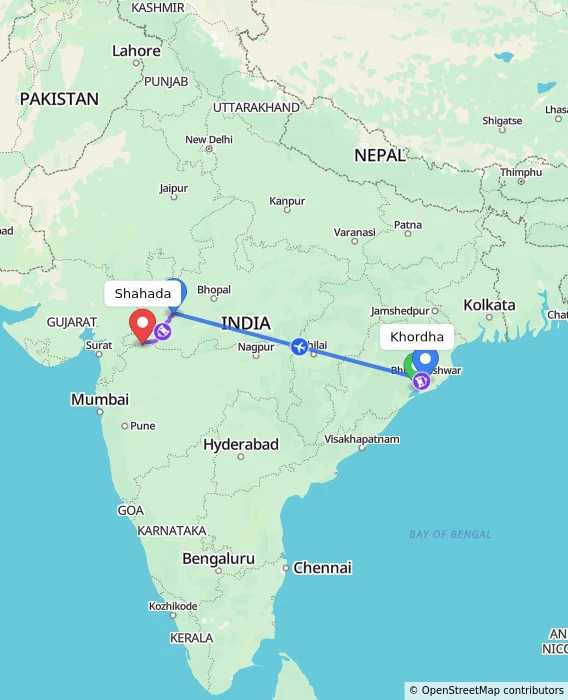Route map showing distance and travel time from Khordha, India to Shahada, India