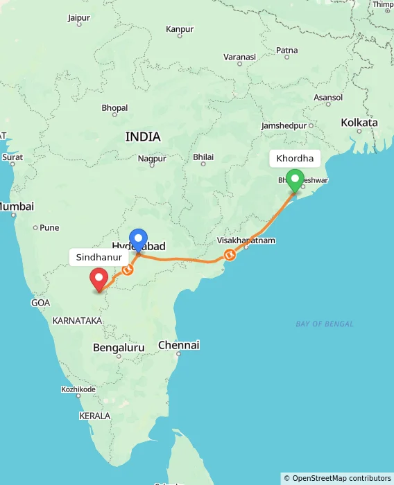 Route map showing distance and travel time from Khordha, India to Sindhanur, India