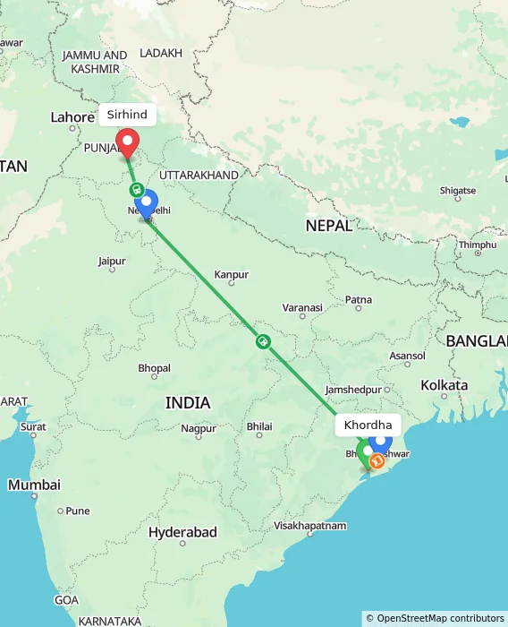 Route map showing distance and travel time from Khordha, India to Sirhind, India