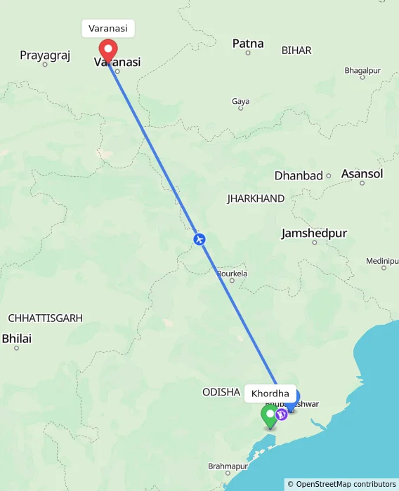 Route map showing distance and travel time from Khordha, India to Varanasi, India