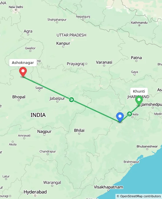 Route map showing distance and travel time from Khunti, India to Ashoknagar, India