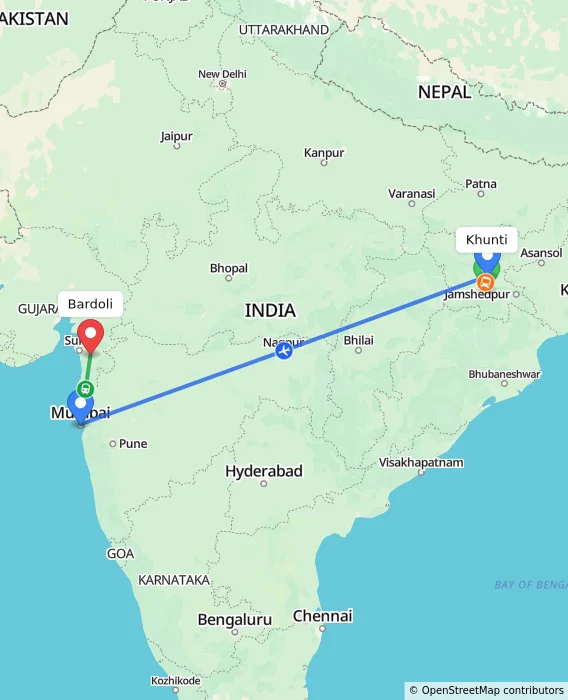 Route map showing distance and travel time from Khunti, India to Bardoli, India