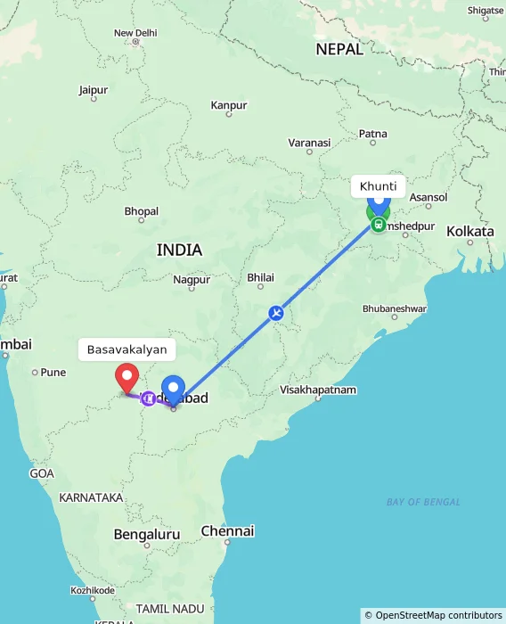 Route map showing distance and travel time from Khunti, India to Basavakalyan, India