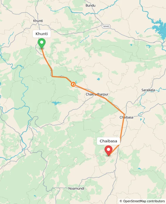 Route map showing distance and travel time from Khunti, India to Chaibasa, India