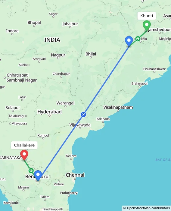 Route map showing distance and travel time from Khunti, India to Challakere, India
