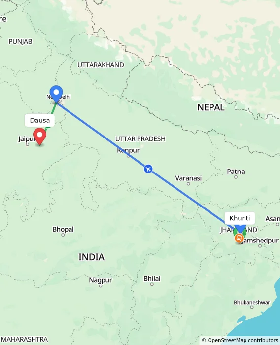 Route map showing distance and travel time from Khunti, India to Dausa, India