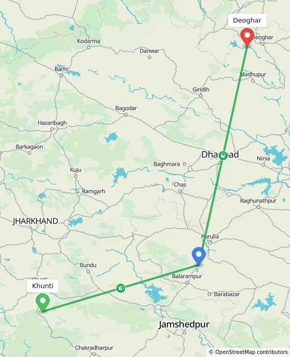 Route map showing distance and travel time from Khunti, India to Deoghar, India