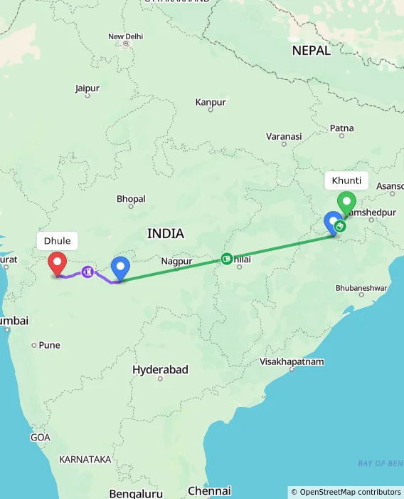 Route map showing distance and travel time from Khunti, India to Dhule, India