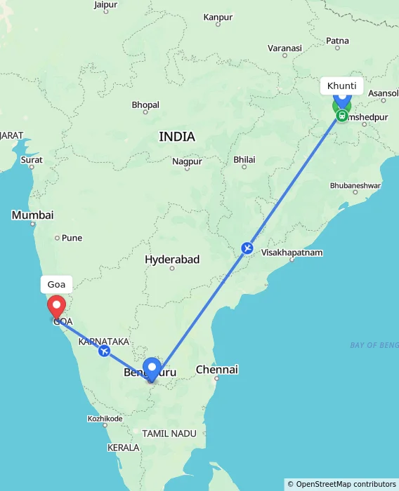 Route map showing distance and travel time from Khunti, India to Goa, India