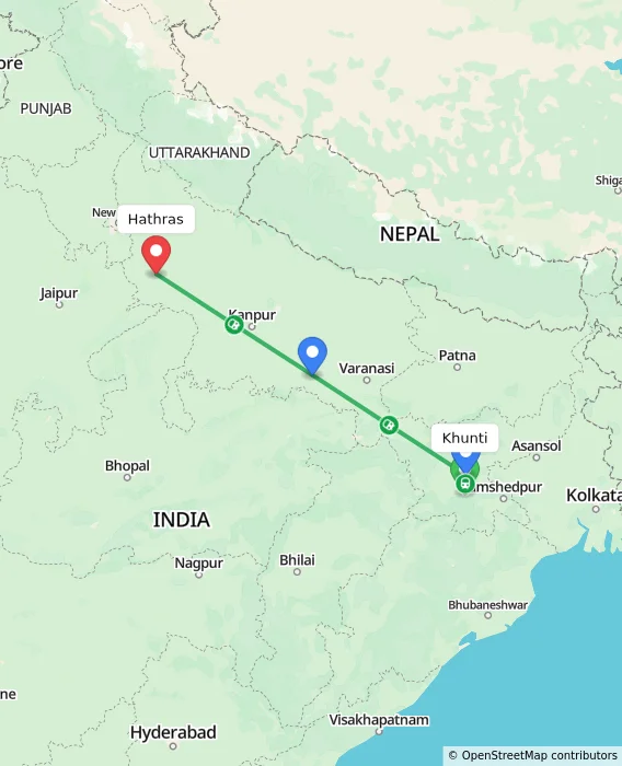 Route map showing distance and travel time from Khunti, India to Hathras, India