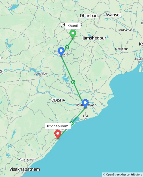 Route map showing distance and travel time from Khunti, India to Ichchapuram, India