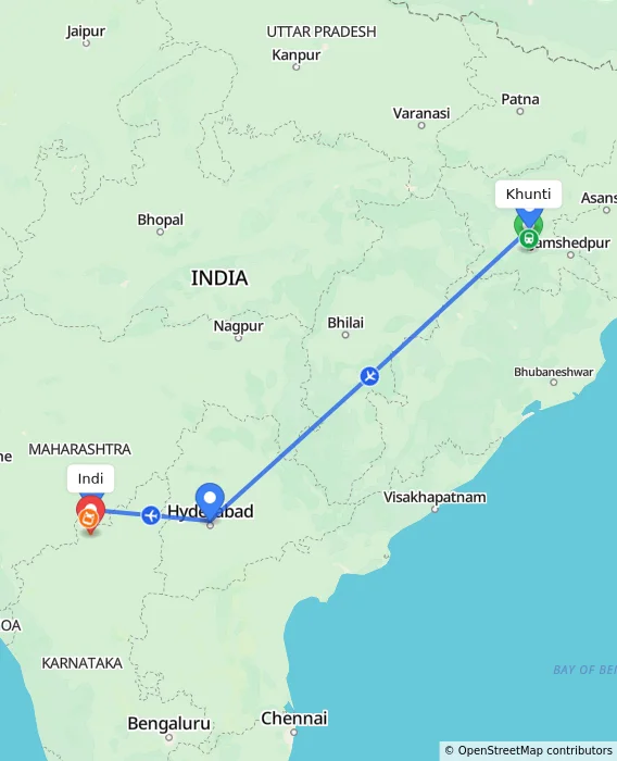 Route map showing distance and travel time from Khunti, India to Indi, India