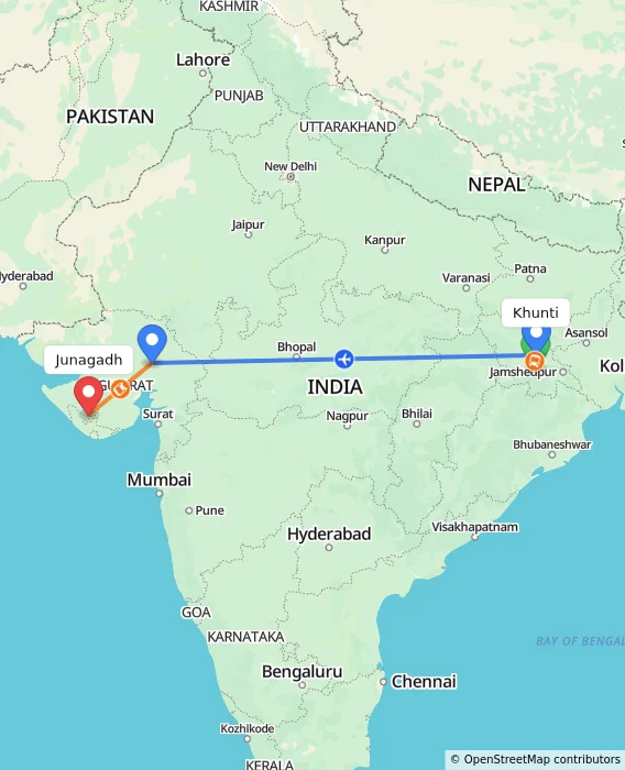 Route map showing distance and travel time from Khunti, India to Junagadh, India