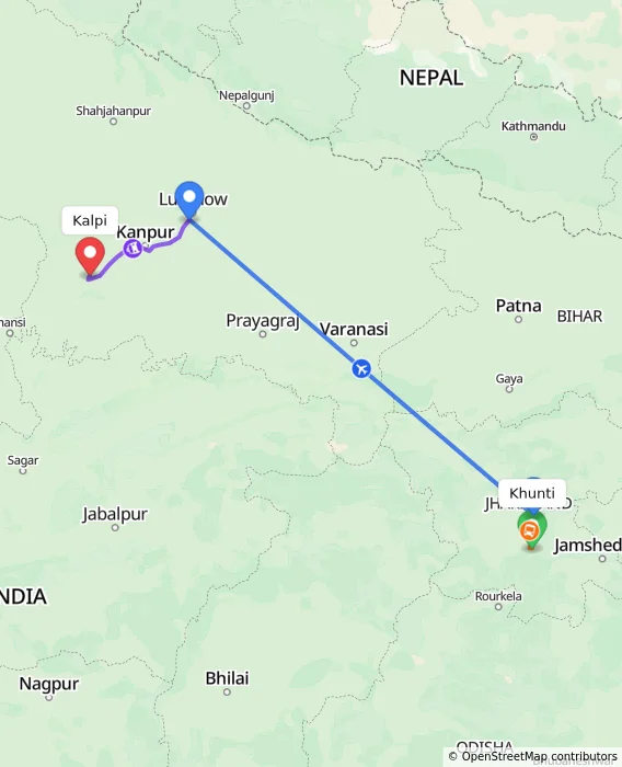 Route map showing distance and travel time from Khunti, India to Kalpi, India