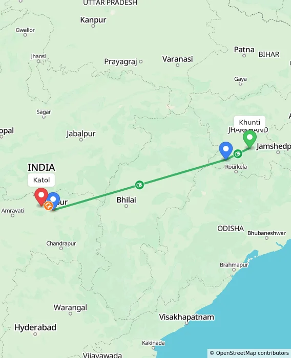 Route map showing distance and travel time from Khunti, India to Katol, India