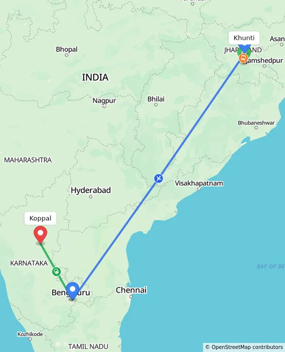 Route map showing distance and travel time from Khunti, India to Koppal, India