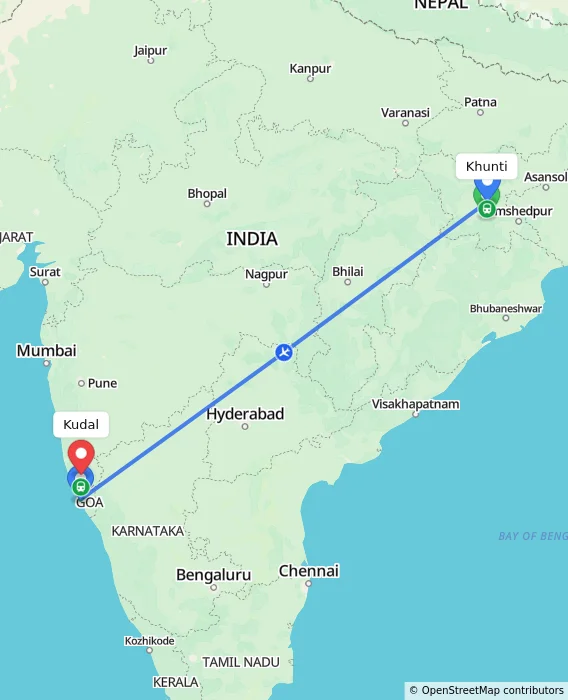 Route map showing distance and travel time from Khunti, India to Kudal, India