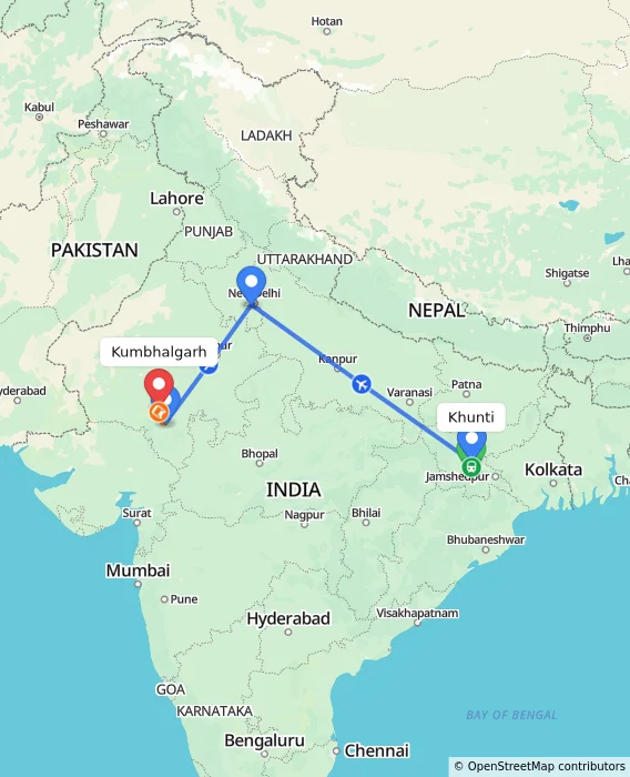Route map showing distance and travel time from Khunti, India to Kumbhalgarh, India