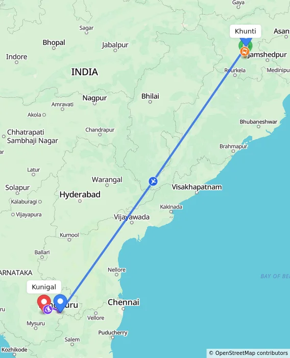 Route map showing distance and travel time from Khunti, India to Kunigal, India