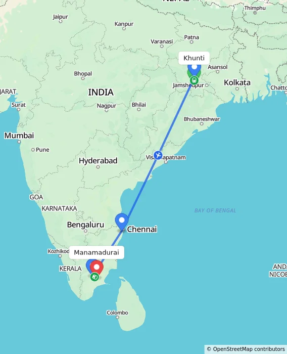 Route map showing distance and travel time from Khunti, India to Manamadurai, India