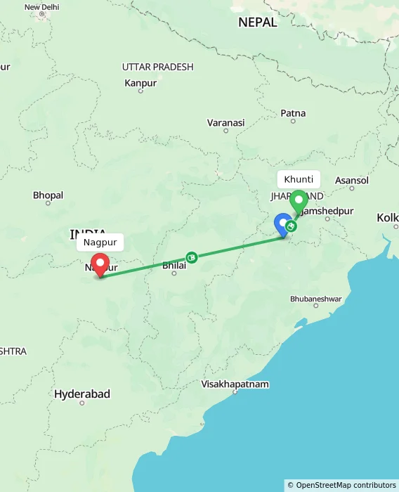 Route map showing distance and travel time from Khunti, India to Nagpur, India