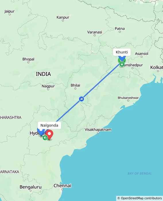 Route map showing distance and travel time from Khunti, India to Nalgonda, India