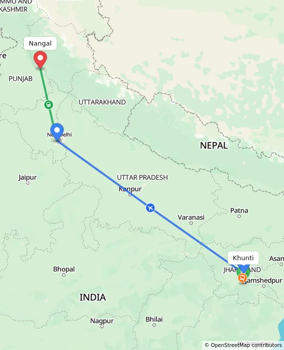 Route map showing distance and travel time from Khunti, India to Nangal, India