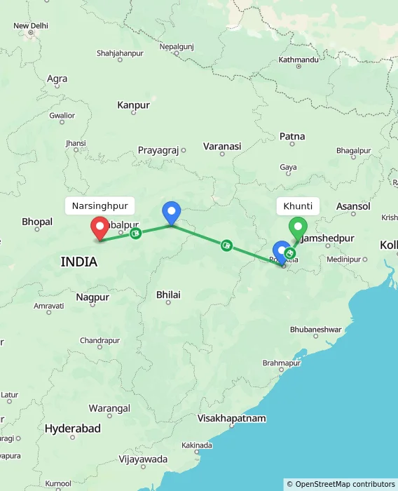 Route map showing distance and travel time from Khunti, India to Narsinghpur, India