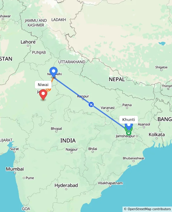 Route map showing distance and travel time from Khunti, India to Niwai, India