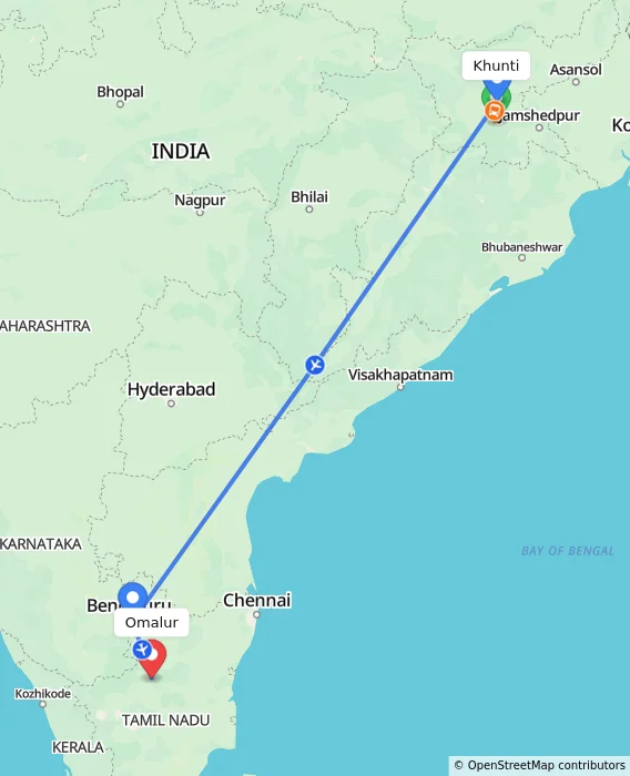 Route map showing distance and travel time from Khunti, India to Omalur, India