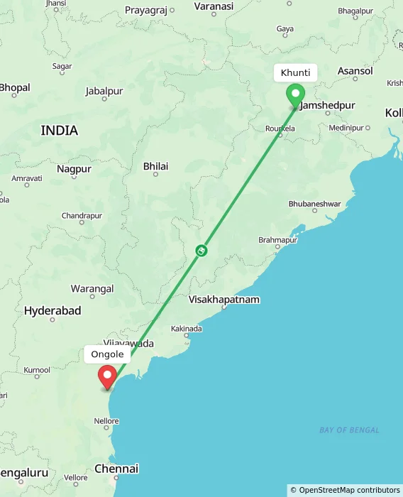 Route map showing distance and travel time from Khunti, India to Ongole, India
