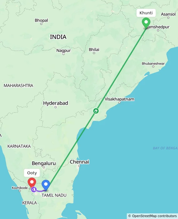 Route map showing distance and travel time from Khunti, India to Ooty, India